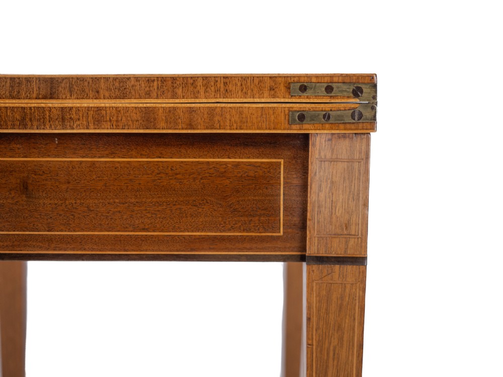 Georgian Satinwood, Rosewood Crossbanded Mahogany Console Fold-over Tea Table with Ebony, Boxwood Strung Inlaid Borders circa 1800 (Regency, George III) View XXIII