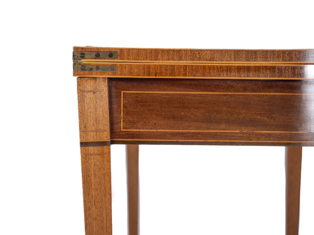 Georgian Satinwood, Rosewood Crossbanded Mahogany Console Fold-over Tea Table with Ebony, Boxwood Strung Inlaid Borders circa 1800 (Regency, George III) View XXIV