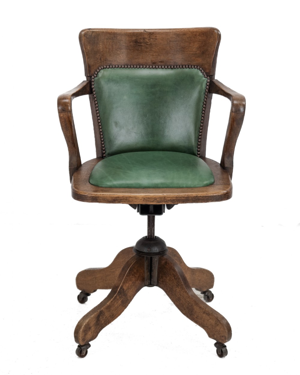 1920s Oak and Leather Adjustable Swivel Tilting Desk Armchair (Antique Chair)