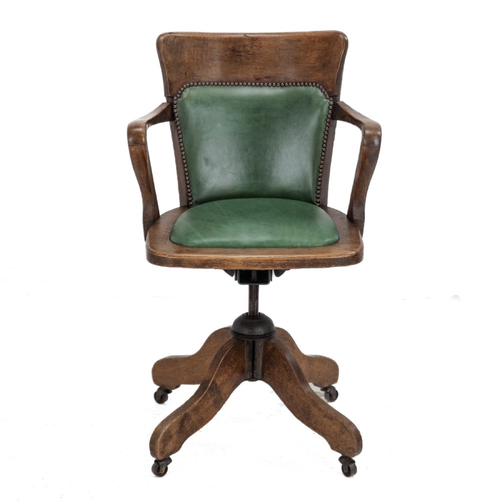1920s Oak and Leather Adjustable Swivel Tilting Desk Armchair (Antique Chair) View II