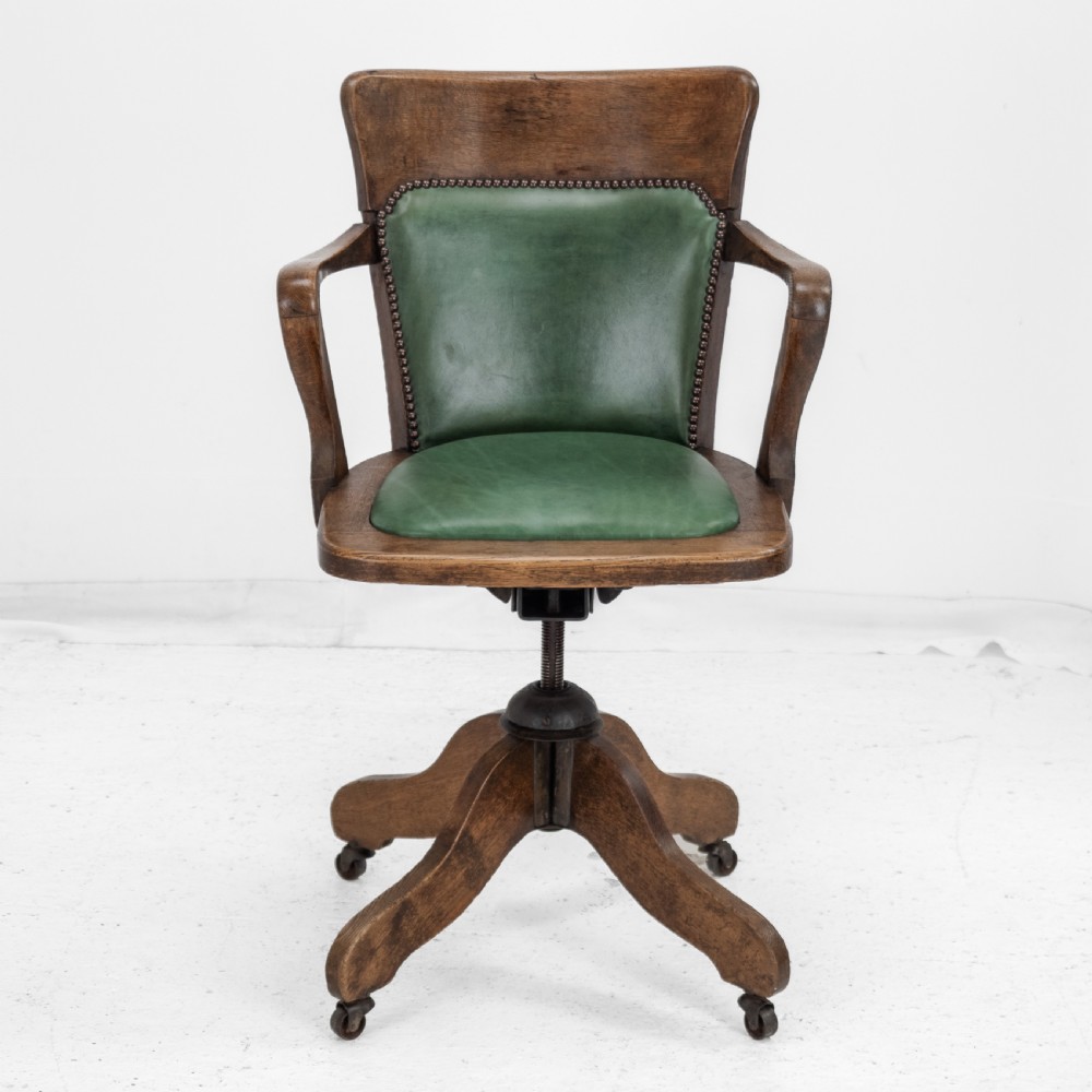 1920s Oak and Leather Adjustable Swivel Tilting Desk Armchair (Antique Chair) View III