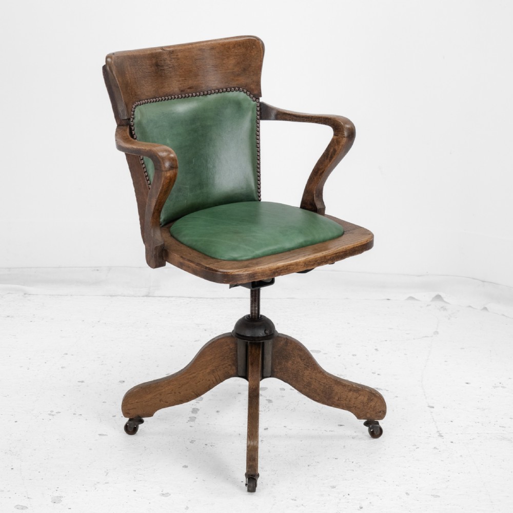 1920s Oak and Leather Adjustable Swivel Tilting Desk Armchair (Antique Chair) View IV