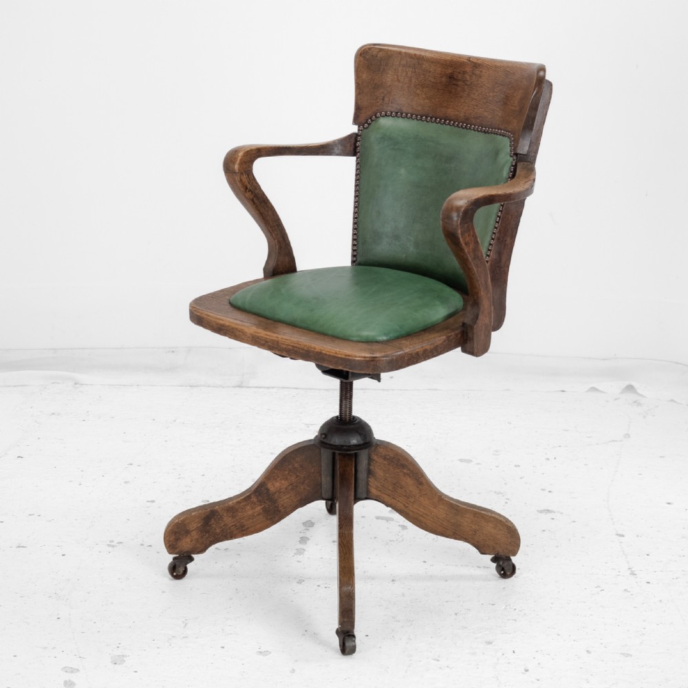 1920s Oak and Leather Adjustable Swivel Tilting Desk Armchair (Antique Chair) View V