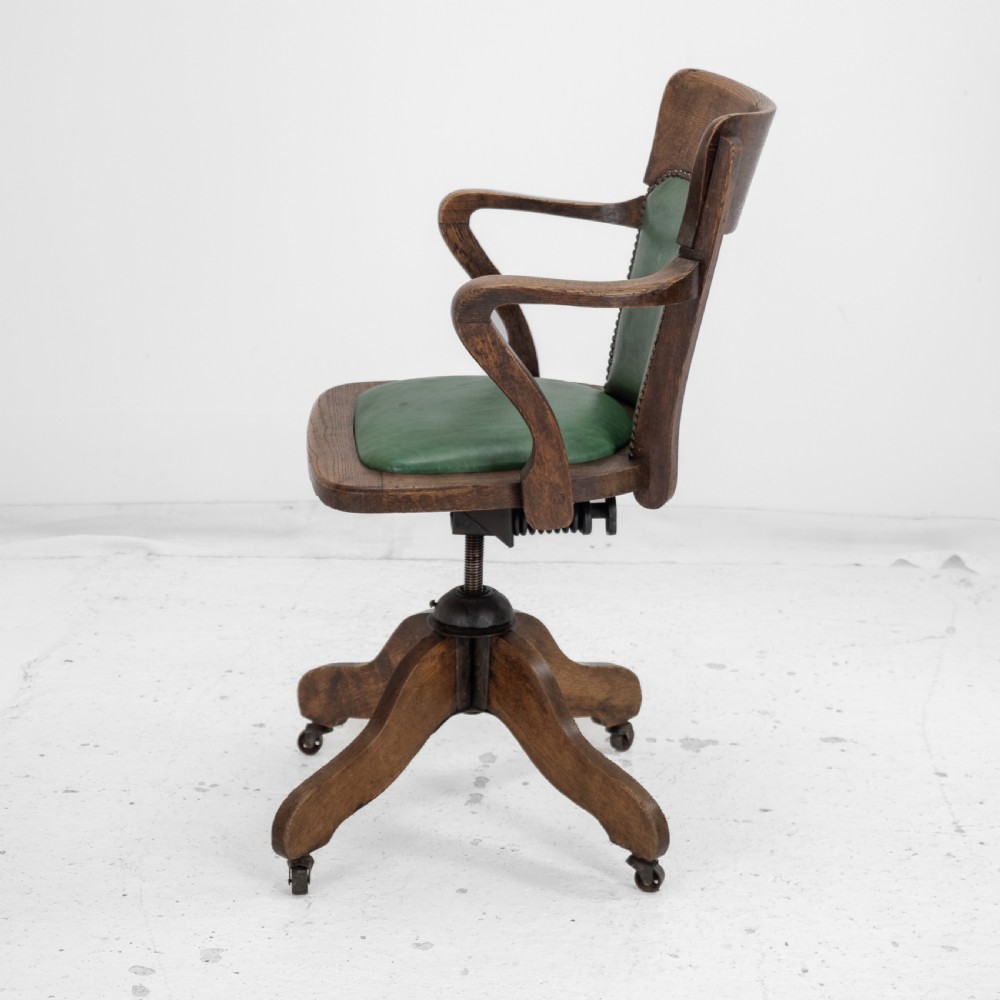 1920s Oak and Leather Adjustable Swivel Tilting Desk Armchair (Antique Chair) View VI