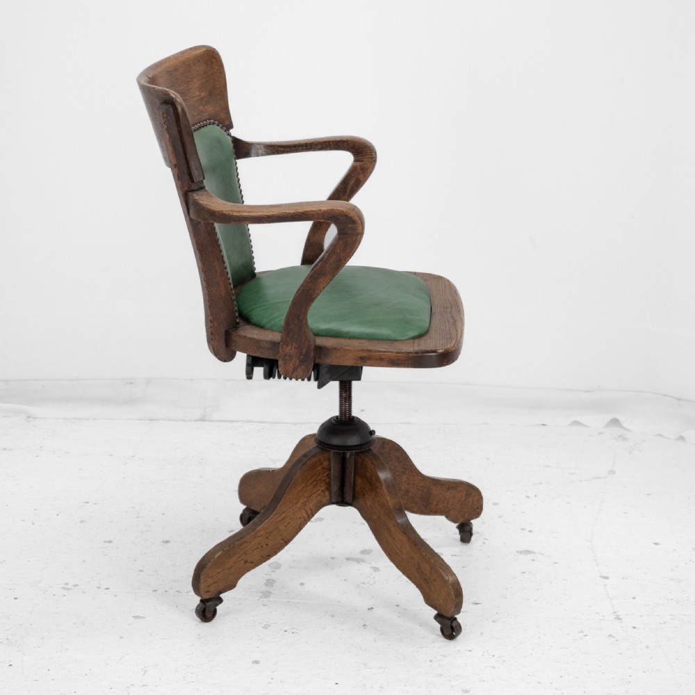 1920s Oak and Leather Adjustable Swivel Tilting Desk Armchair (Antique Chair) View VII