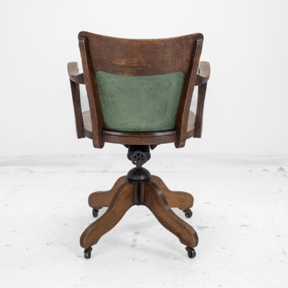 1920s Oak and Leather Adjustable Swivel Tilting Desk Armchair (Antique Chair) View VIII