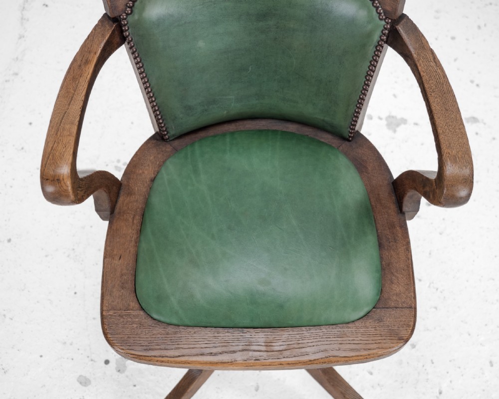 1920s Oak and Leather Adjustable Swivel Tilting Desk Armchair (Antique Chair) View X