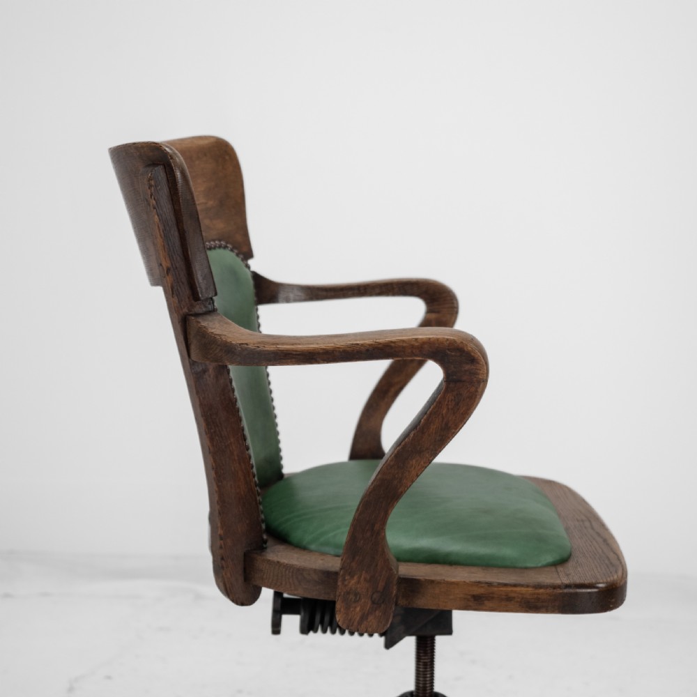 1920s Oak and Leather Adjustable Swivel Tilting Desk Armchair (Antique Chair) View XII