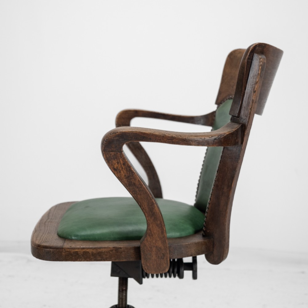 1920s Oak and Leather Adjustable Swivel Tilting Desk Armchair (Antique Chair) View XIV