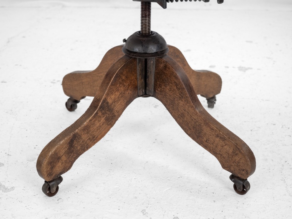 1920s Oak and Leather Adjustable Swivel Tilting Desk Armchair (Antique Chair) View XVI