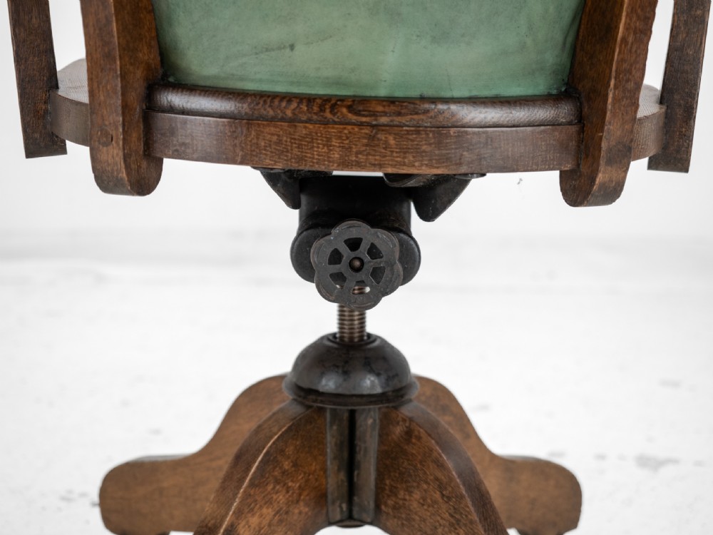 1920s Oak and Leather Adjustable Swivel Tilting Desk Armchair (Antique Chair) View XVII