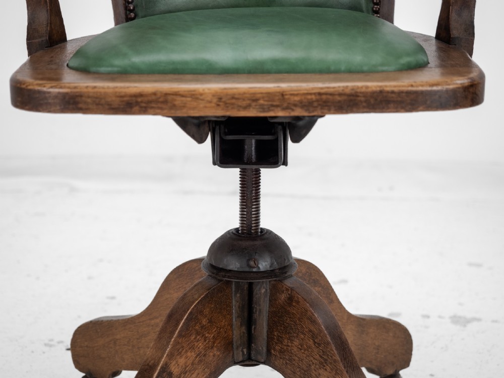 1920s Oak and Leather Adjustable Swivel Tilting Desk Armchair (Antique Chair) View XVIII