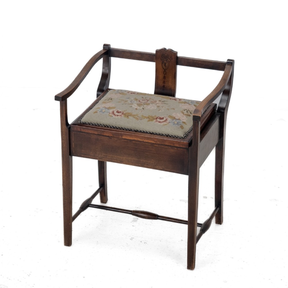 Mahogany Inlaid Tapestry Seat Piano / Music Storage Stool Edwardian Early 20th Century