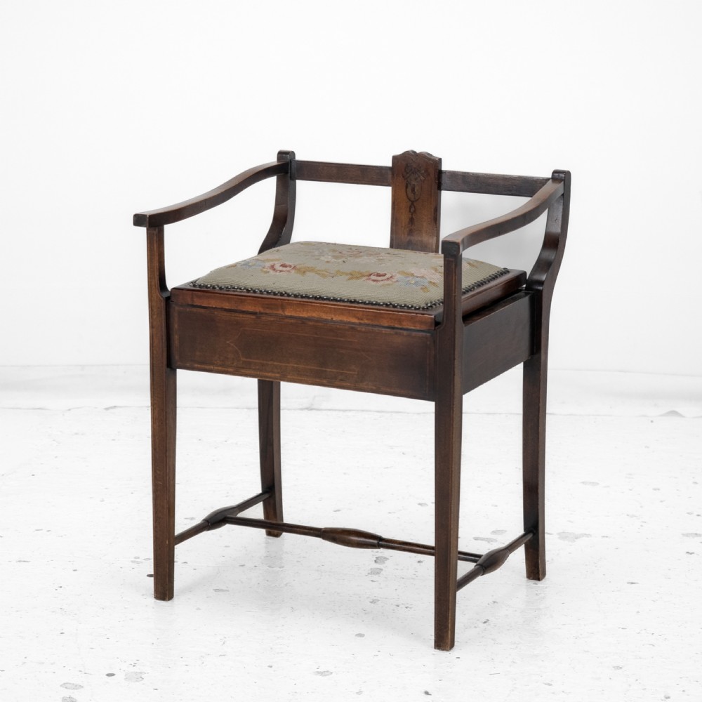 Mahogany Inlaid Tapestry Seat Piano / Music Storage Stool Edwardian Early 20th Century View II