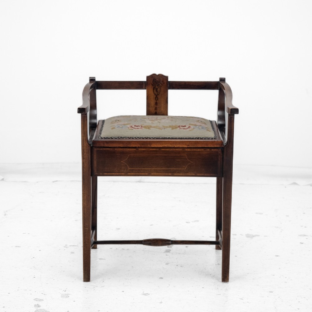 Mahogany Inlaid Tapestry Seat Piano / Music Storage Stool Edwardian Early 20th Century View III