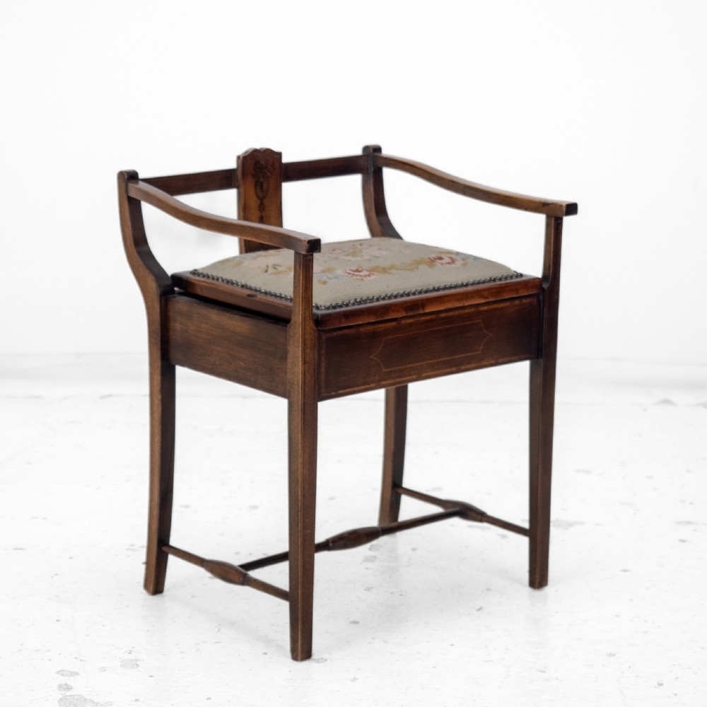Mahogany Inlaid Tapestry Seat Piano / Music Storage Stool Edwardian Early 20th Century View IV