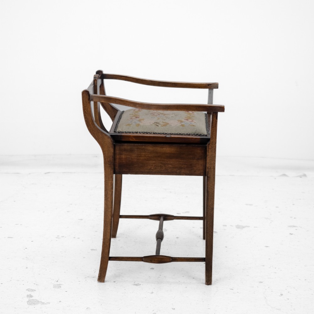Mahogany Inlaid Tapestry Seat Piano / Music Storage Stool Edwardian Early 20th Century View V