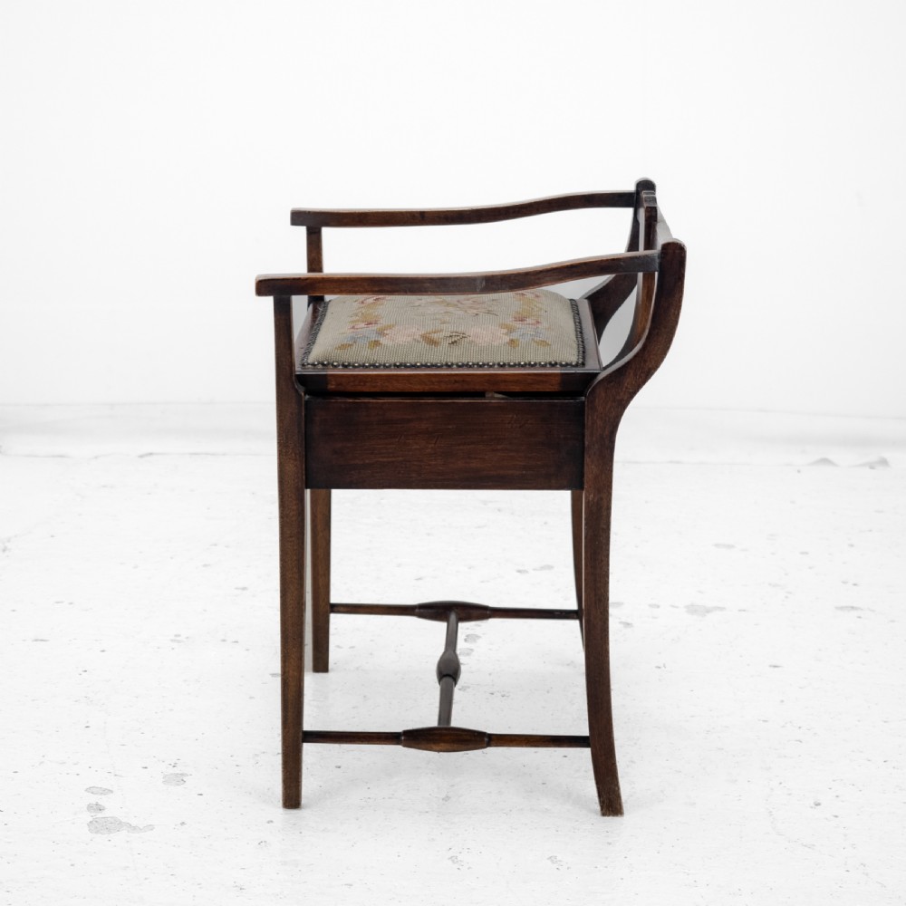Mahogany Inlaid Tapestry Seat Piano / Music Storage Stool Edwardian Early 20th Century View VII