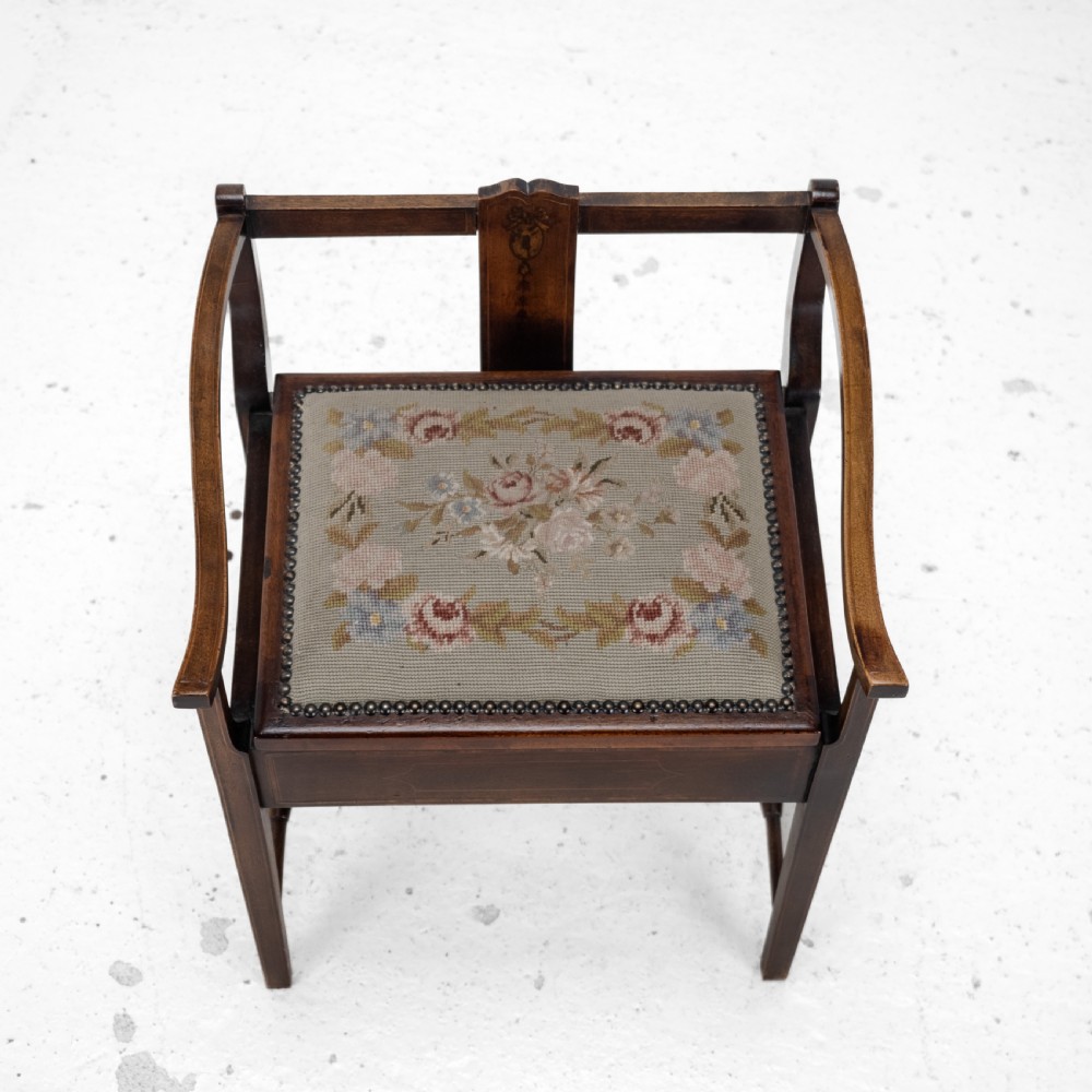 Mahogany Inlaid Tapestry Seat Piano / Music Storage Stool Edwardian Early 20th Century View VIII