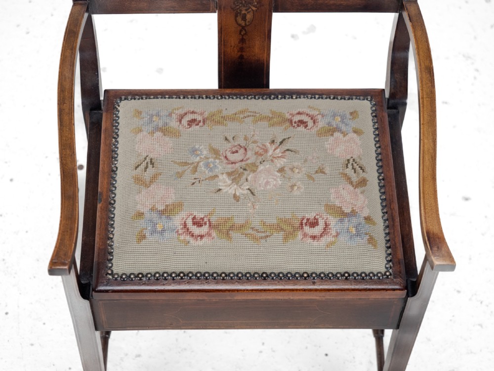 Mahogany Inlaid Tapestry Seat Piano / Music Storage Stool Edwardian Early 20th Century View IX