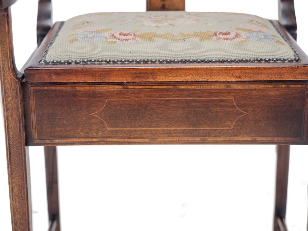 Mahogany Inlaid Tapestry Seat Piano / Music Storage Stool Edwardian Early 20th Century View XIII