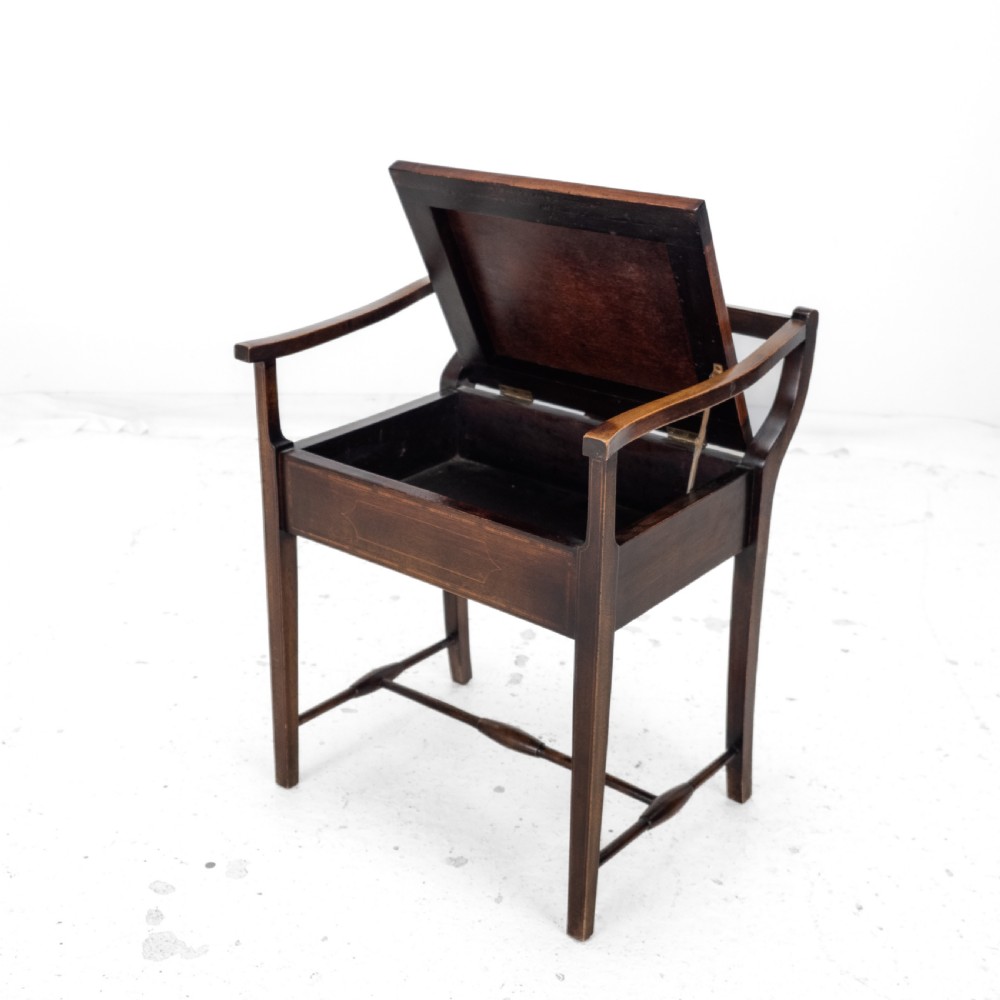 Mahogany Inlaid Tapestry Seat Piano / Music Storage Stool Edwardian Early 20th Century View XV