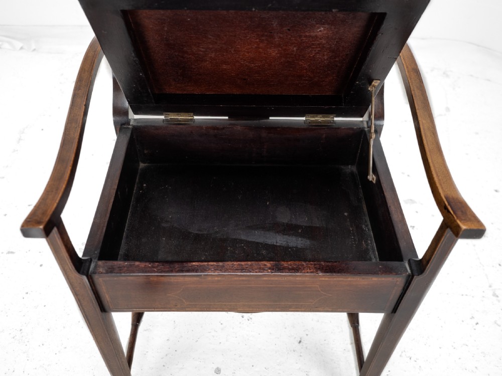 Mahogany Inlaid Tapestry Seat Piano / Music Storage Stool Edwardian Early 20th Century View XVI