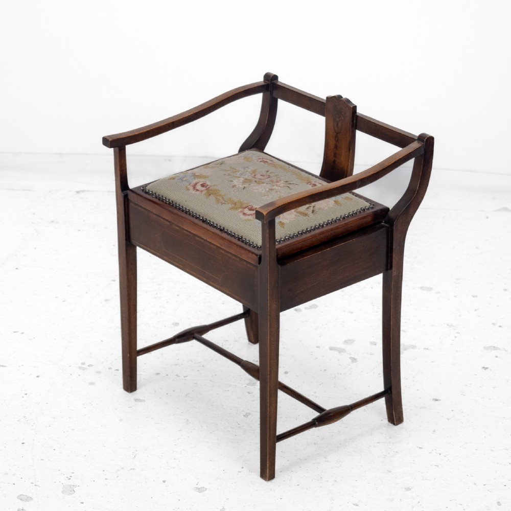 Mahogany Inlaid Tapestry Seat Piano / Music Storage Stool Edwardian Early 20th Century View XVII