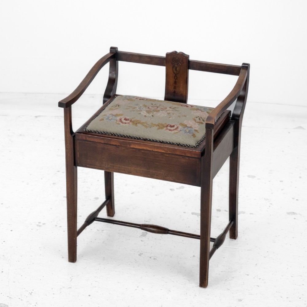 Mahogany Inlaid Tapestry Seat Piano / Music Storage Stool Edwardian Early 20th Century View XVIII