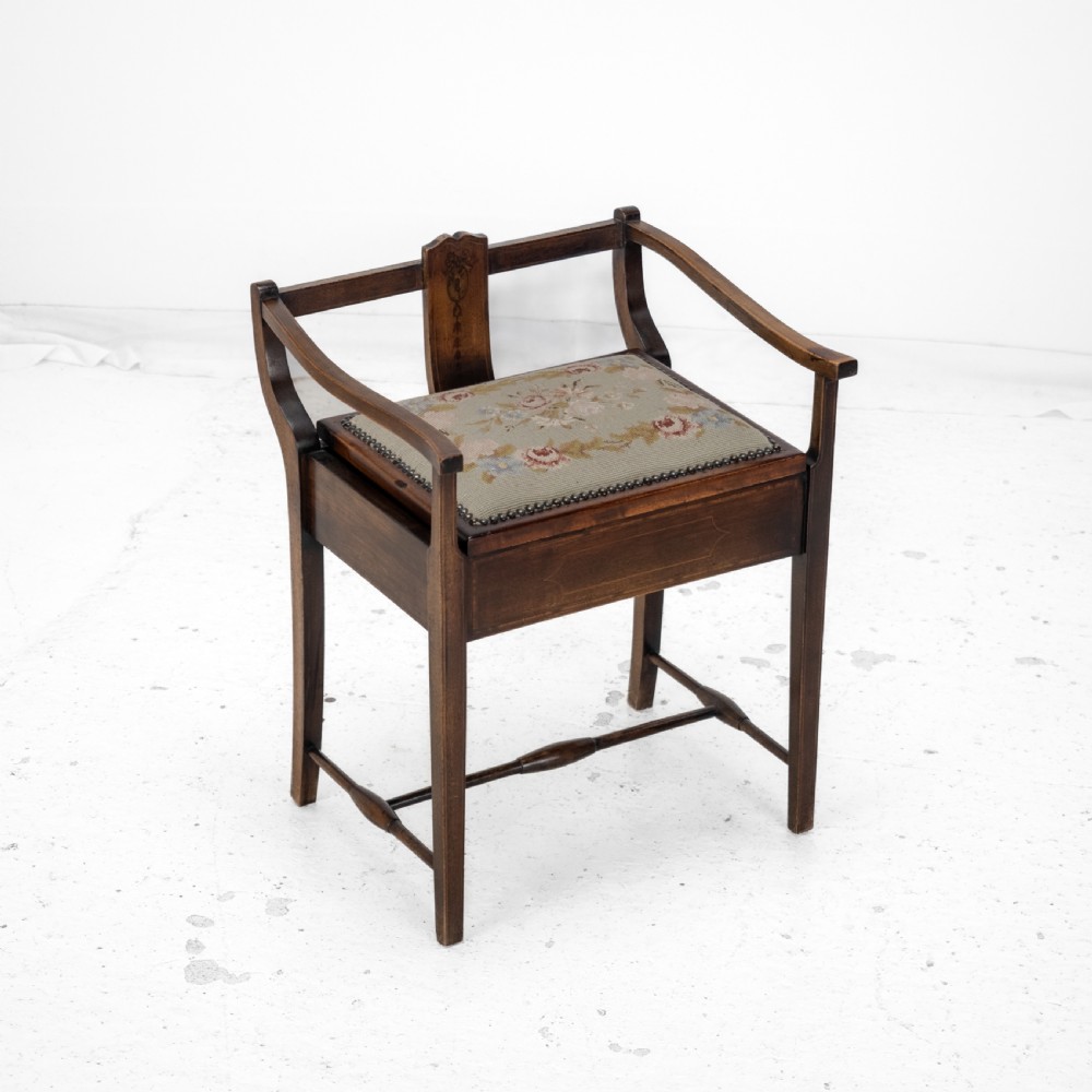 Mahogany Inlaid Tapestry Seat Piano / Music Storage Stool Edwardian Early 20th Century View XIX