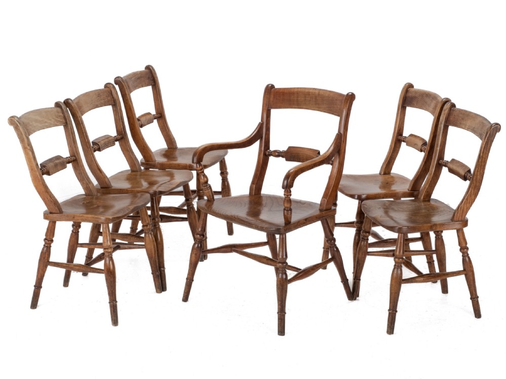 Late 19th Century Set of 6 Elm, Ash, Beech Windsor Farmhouse Kitchen Dining Chairs, Carver (Victorian Country)