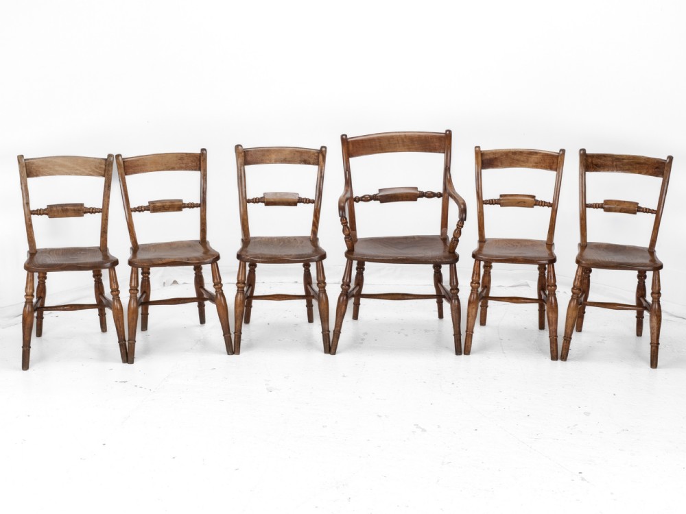 Late 19th Century Set of 6 Elm, Ash, Beech Windsor Farmhouse Kitchen Dining Chairs, Carver (Victorian Country) View II