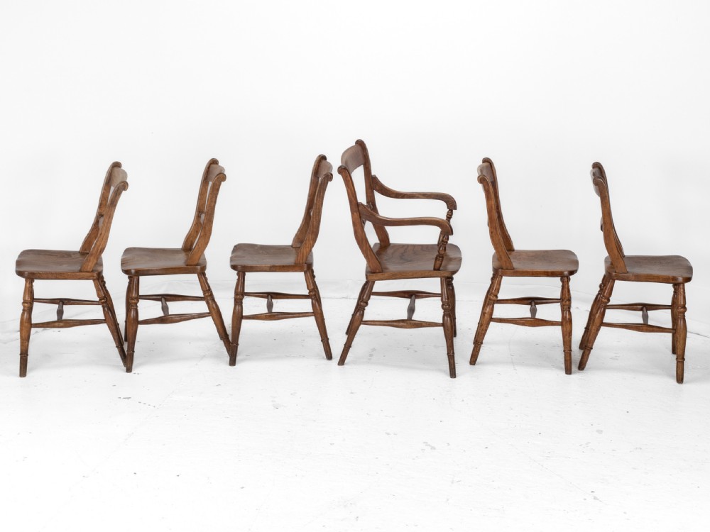 Late 19th Century Set of 6 Elm, Ash, Beech Windsor Farmhouse Kitchen Dining Chairs, Carver (Victorian Country) View III