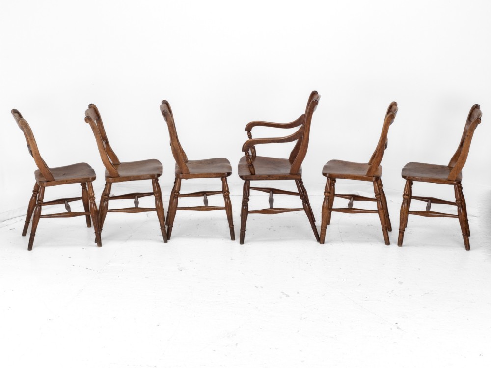 Late 19th Century Set of 6 Elm, Ash, Beech Windsor Farmhouse Kitchen Dining Chairs, Carver (Victorian Country) View V
