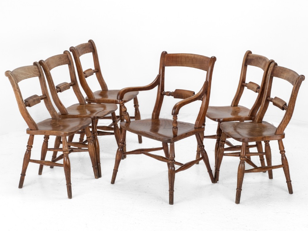 Late 19th Century Set of 6 Elm, Ash, Beech Windsor Farmhouse Kitchen Dining Chairs, Carver (Victorian Country) View VI