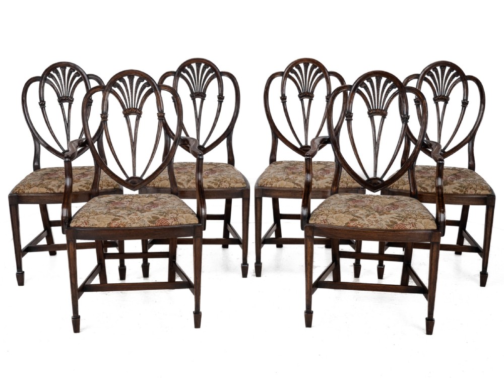 Hepplewhite Style Set of 6 Mahogany Dining Chairs and Carver Armchair Tapestry Upholstery, Late 19th Century, Victorian