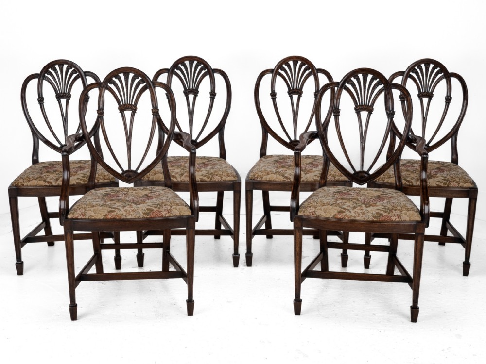 Hepplewhite Style Set of 6 Mahogany Dining Chairs and Carver Armchair Tapestry Upholstery, Late 19th Century, Victorian View VIII