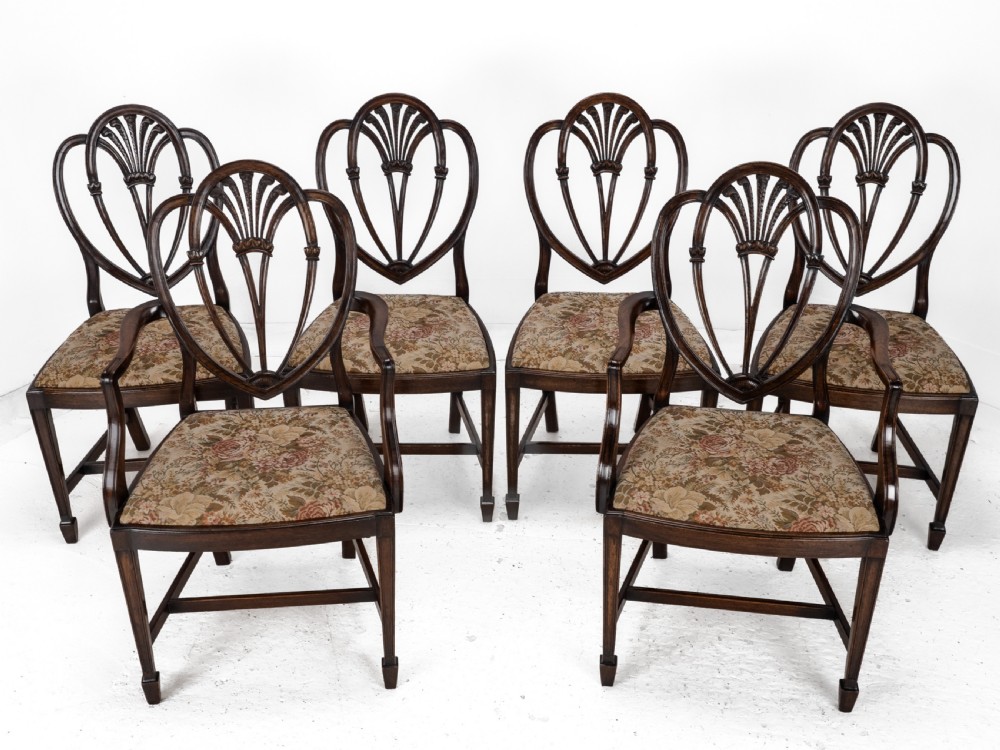 Hepplewhite Style Set of 6 Mahogany Dining Chairs and Carver Armchair Tapestry Upholstery, Late 19th Century, Victorian View XIII