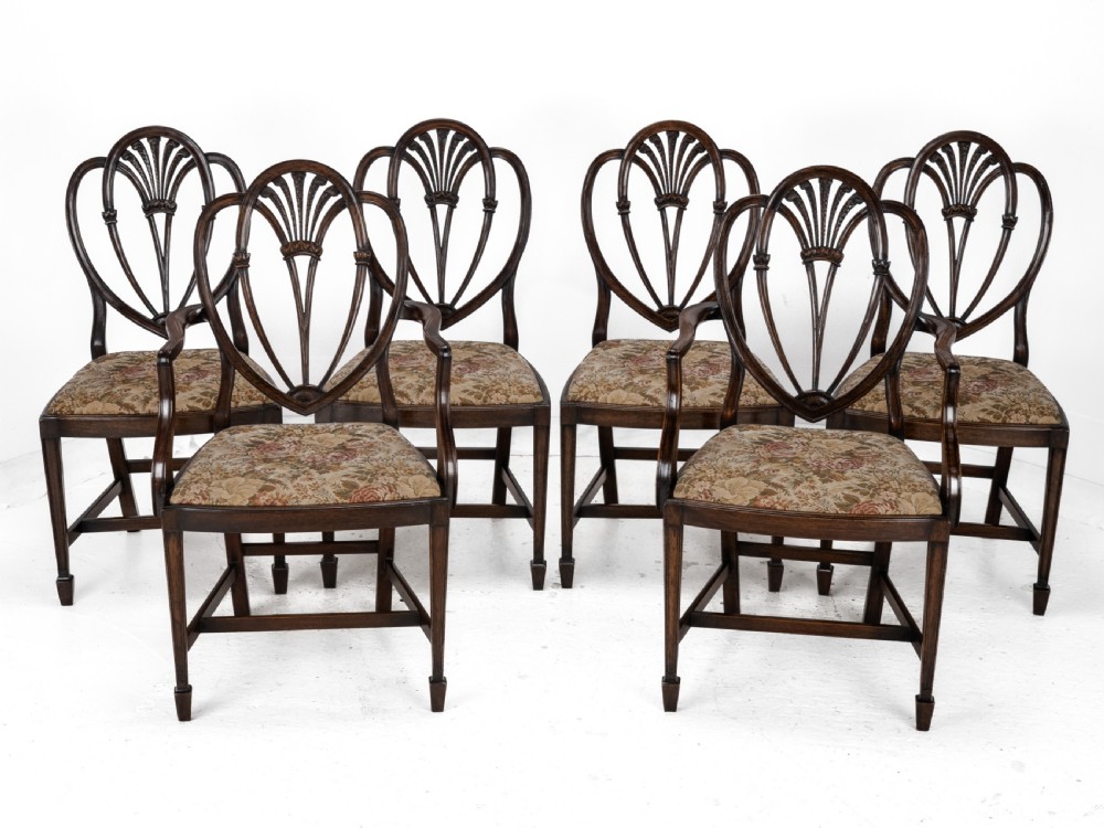 Hepplewhite Style Set of 6 Mahogany Dining Chairs and Carver Armchair Tapestry Upholstery, Late 19th Century, Victorian View XV