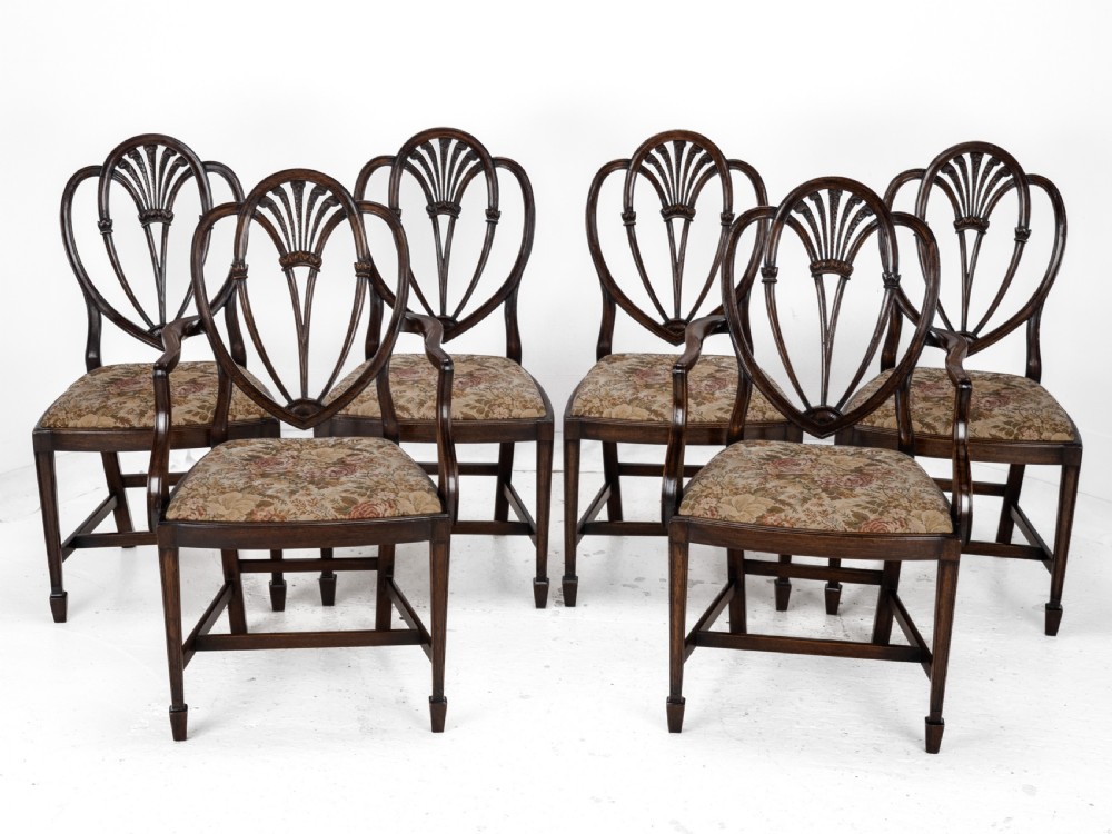 Hepplewhite Style Set of 6 Mahogany Dining Chairs and Carver Armchair Tapestry Upholstery, Late 19th Century, Victorian View XXII