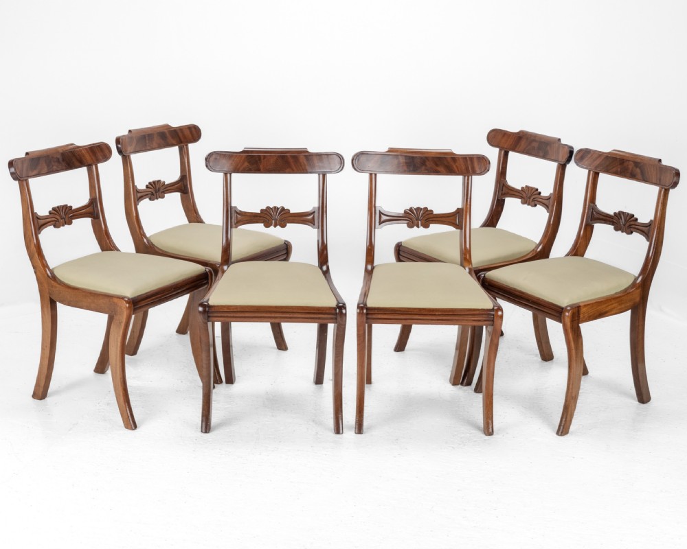 Set of Six Regency Mahogany Bar Back Dining Chairs with Sabre Legs, circa 1820 (George III–IV)
