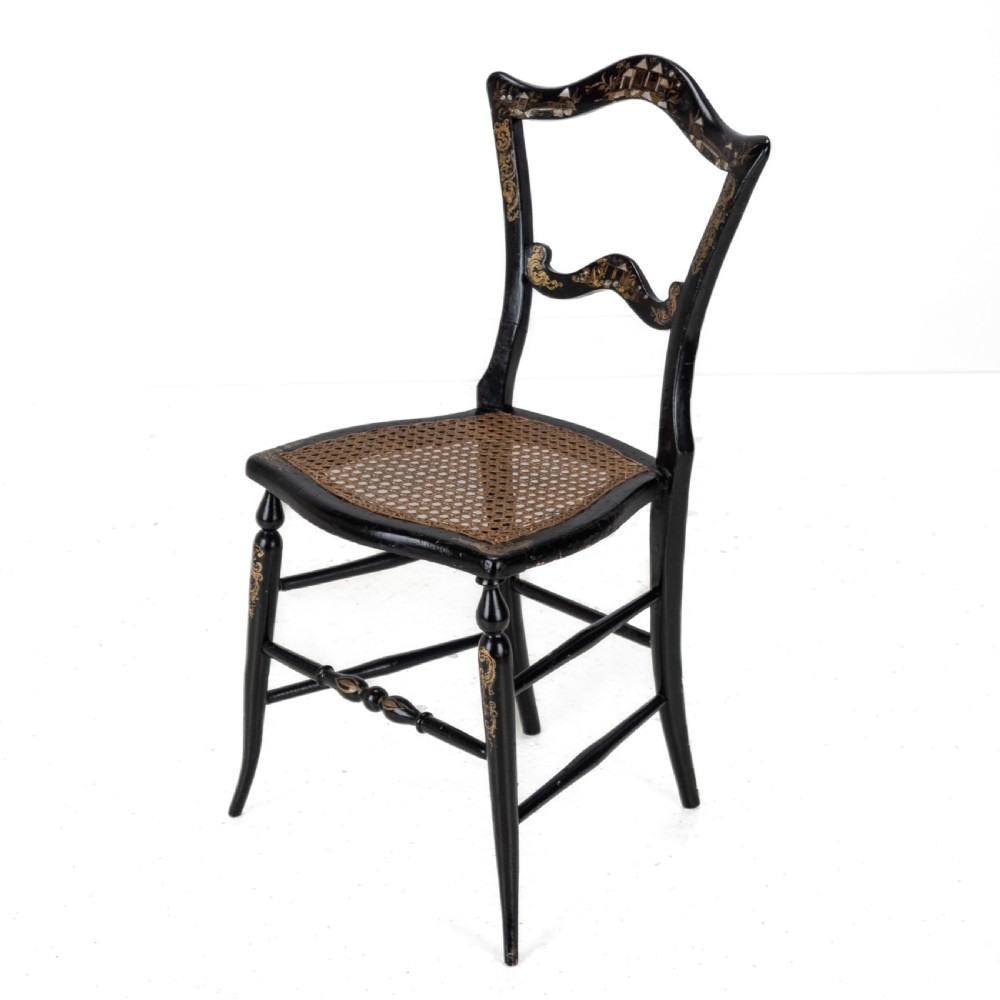 19th Century Ebonised Chinoiserie Chair with Canework Seat, Mother-of-Pearl Inlay and Parcel Gilt Decoration