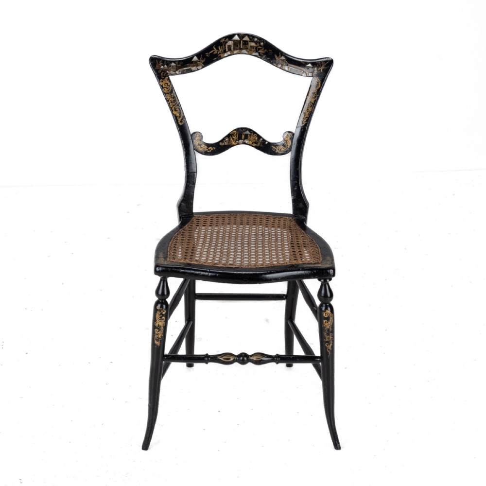 19th Century Ebonised Chinoiserie Chair with Canework Seat, Mother-of-Pearl Inlay and Parcel Gilt Decoration View II