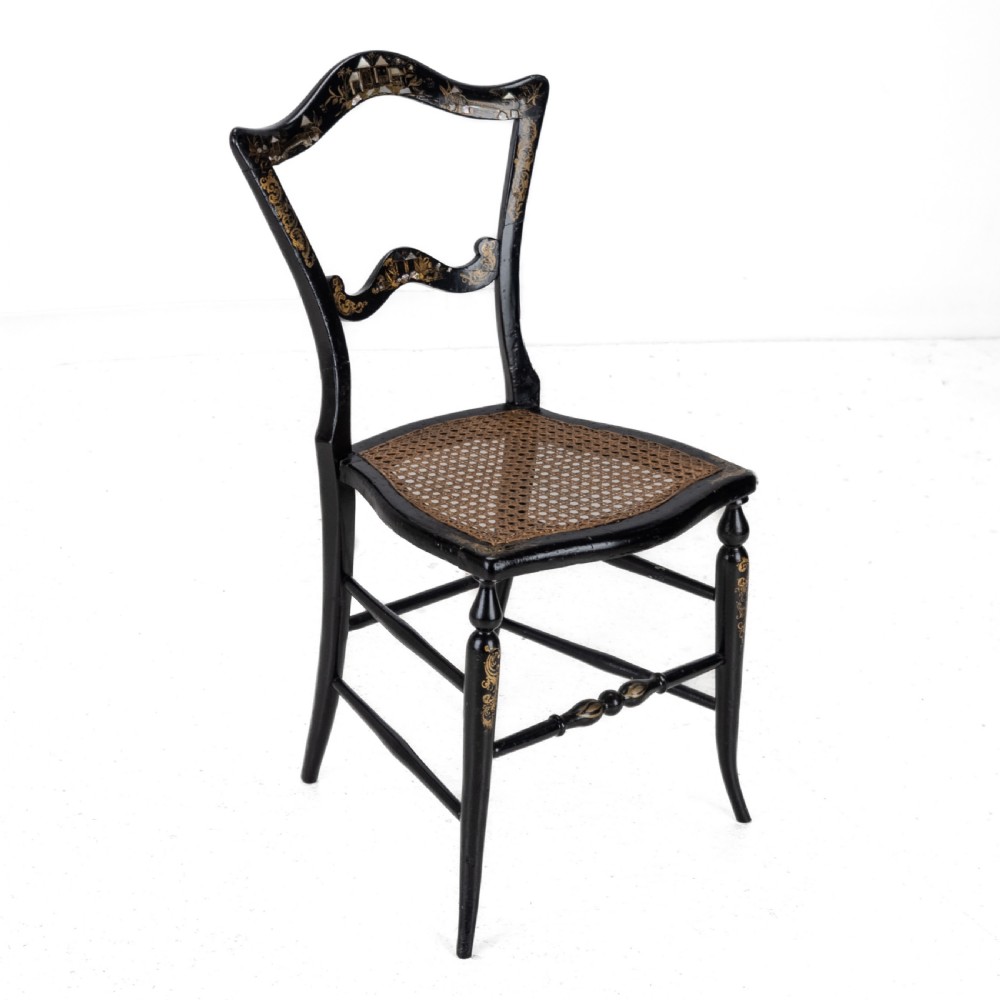 19th Century Ebonised Chinoiserie Chair with Canework Seat, Mother-of-Pearl Inlay and Parcel Gilt Decoration View III