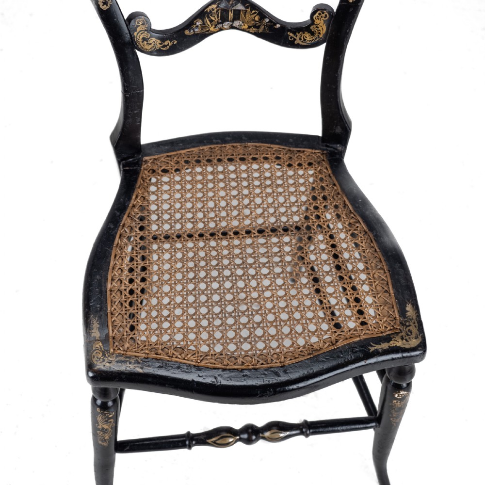 19th Century Ebonised Chinoiserie Chair with Canework Seat, Mother-of-Pearl Inlay and Parcel Gilt Decoration View VIII