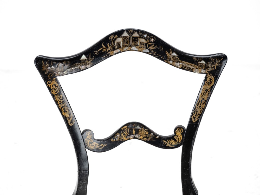 19th Century Ebonised Chinoiserie Chair with Canework Seat, Mother-of-Pearl Inlay and Parcel Gilt Decoration View IX