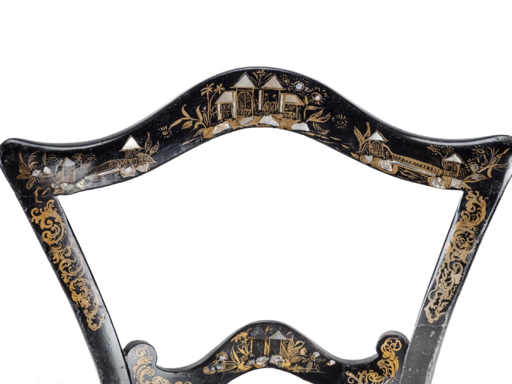19th Century Ebonised Chinoiserie Chair with Canework Seat, Mother-of-Pearl Inlay and Parcel Gilt Decoration View X