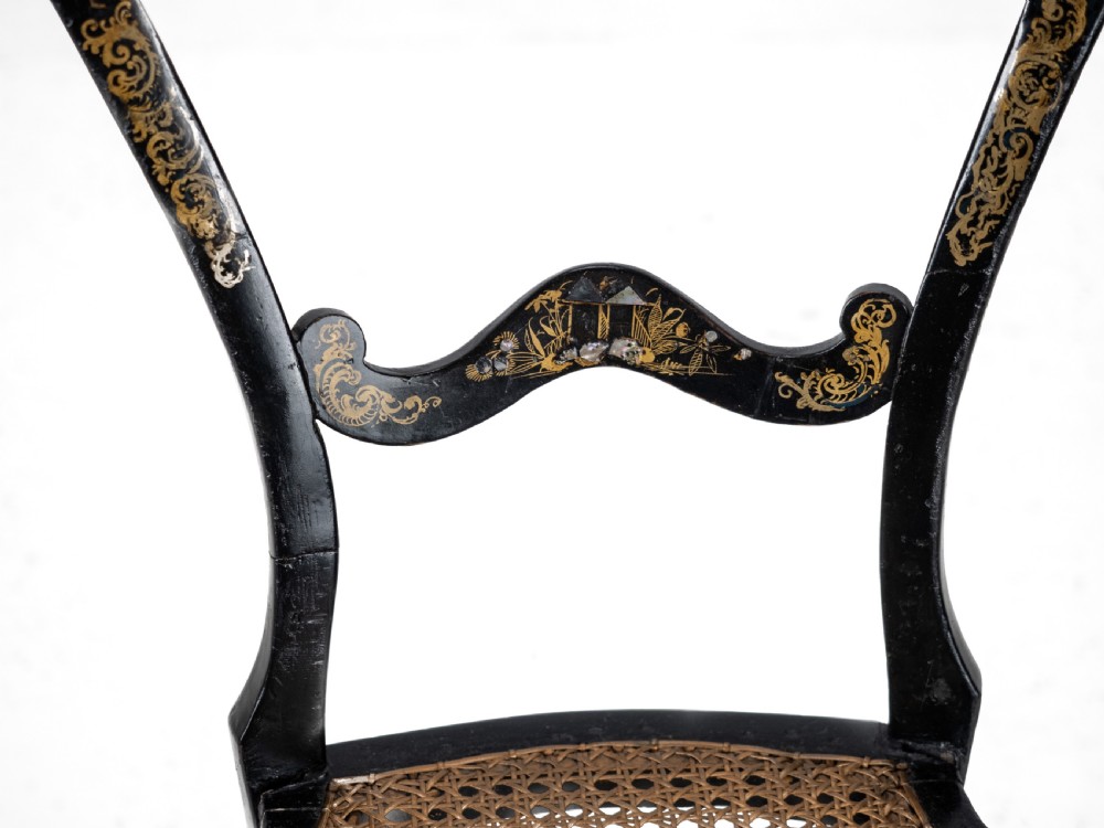 19th Century Ebonised Chinoiserie Chair with Canework Seat, Mother-of-Pearl Inlay and Parcel Gilt Decoration View XI
