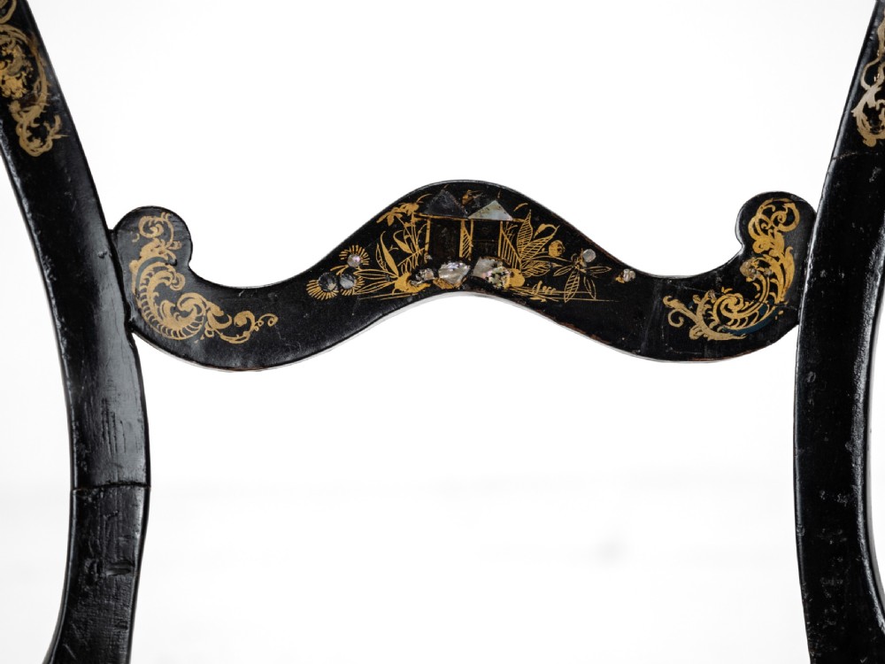 19th Century Ebonised Chinoiserie Chair with Canework Seat, Mother-of-Pearl Inlay and Parcel Gilt Decoration View XII