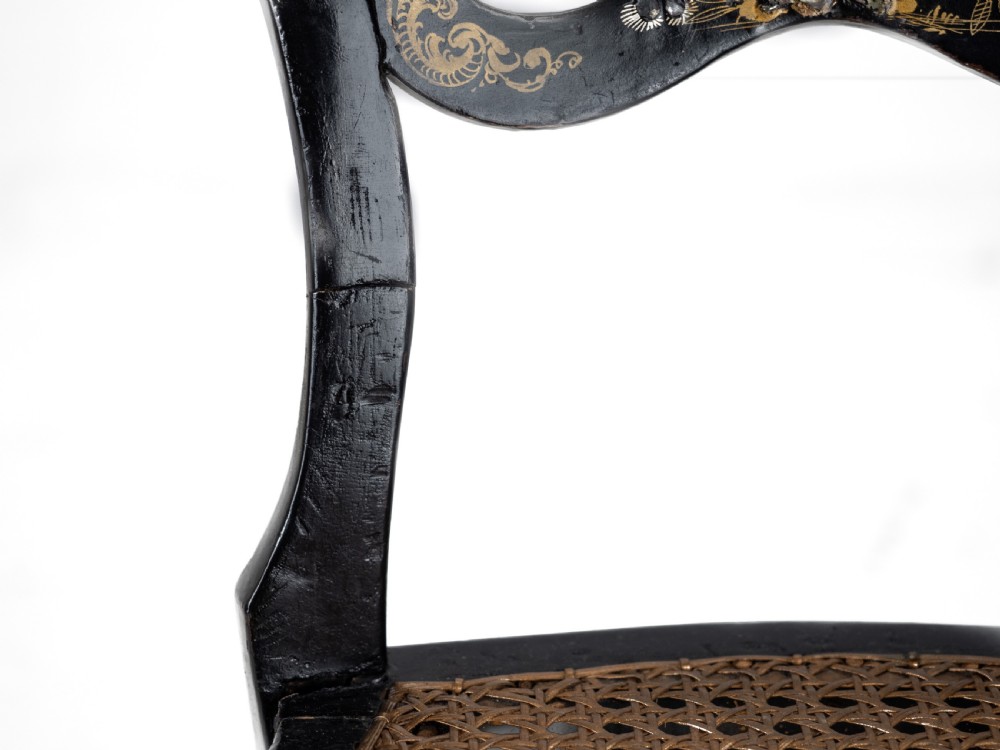 19th Century Ebonised Chinoiserie Chair with Canework Seat, Mother-of-Pearl Inlay and Parcel Gilt Decoration View XVI